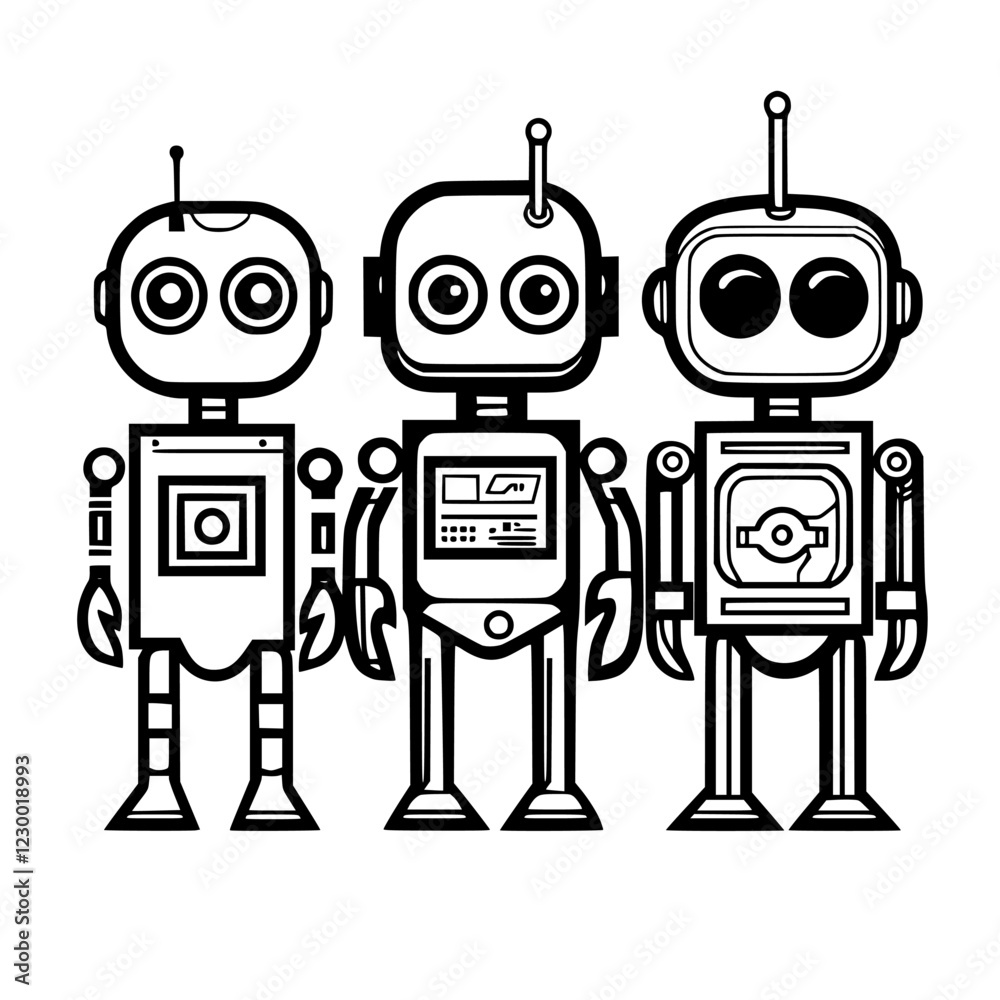 Poster trio of retro-style robots with futuristic designs showcasing vfx elements in a holographic context
