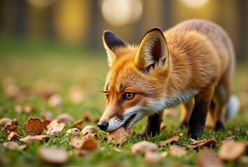 Fototapeta premium Red Fox Foraging Among Autumn Leaves and Nuts
