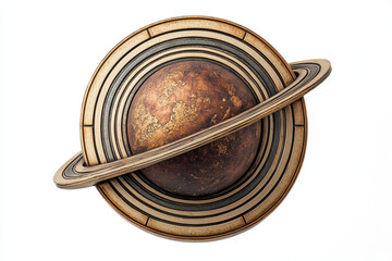 detailed engraving of planet with rings, showcasing radial design. intricate textures and colors evoke sense of cosmic wonder