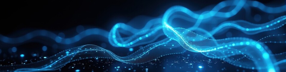 Swirling electric arcs in neon blue against a black backdrop with subtle circuit details, futuristic technology concept. Futuristic Technology LinkedIn Banner