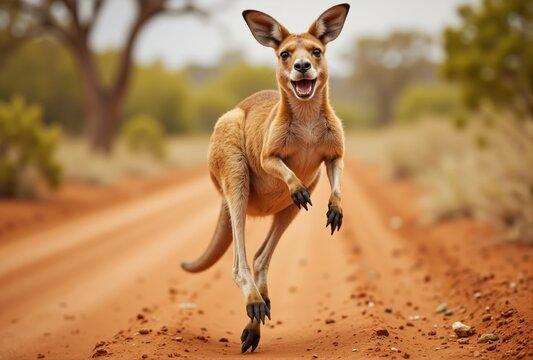 Red Kangaroo Leaping on Dirt Road
