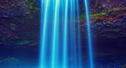 Serene Waterfall Cascading Over Mossy Rocks Vibrant Blue Water Nature Photography