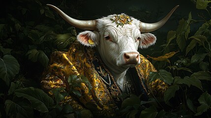 Majestic white bull in golden robe, jungle foliage, regal portrait, fantasy art