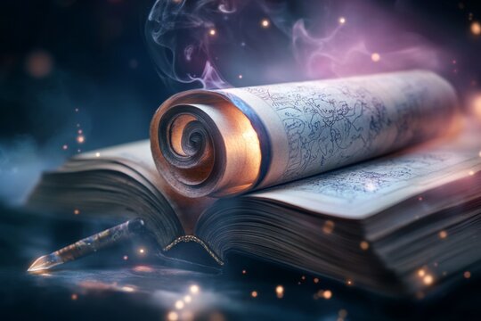 A mystical scroll glowing faintly, with preliminary sketches of an ancient map being drawn magically by a quill, set in an enchanted library