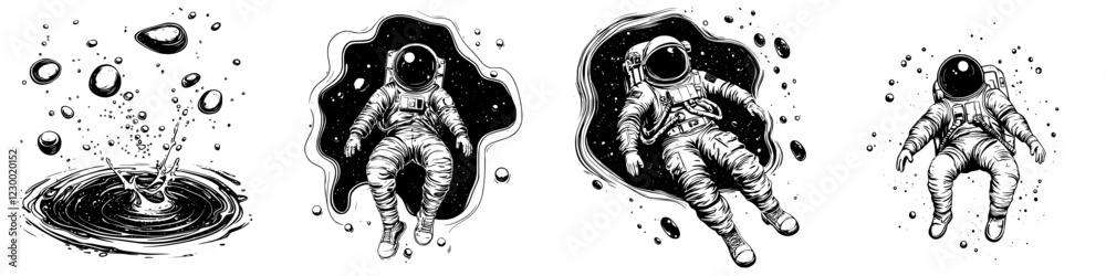 Wall mural astronauts journey through space and time, exploring futuristic environments with holographic interf