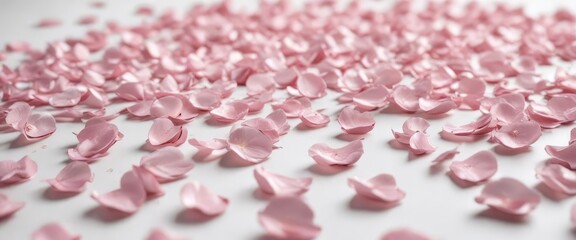 Soft pink rose petals scattered on a white background ,  blooms,  floral,  flowers