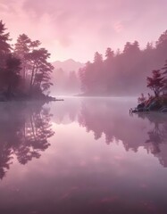 Soft pink mist surrounds a serene lake at dawn,  fog,  scenery,  nature