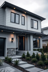 Fototapeta premium Modern Gray House Exterior: Contemporary Home Design and Architecture. Luxury Real Estate Property with Landscaping