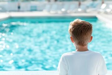 Fototapeta premium A person standing at the edge of a diving board, hesitating to jump into the pool below, with a nervous expression on their face