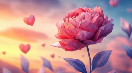 Obraz premium Low Poly Pink Flower with Heart Petals Against a Vibrant Sunset Sky in a Dreamy, Surreal Digital Art Style