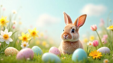 Fototapeta premium Soft Brown Bunny Sitting Amidst Colorful Easter Eggs in Sunlit Springtime Meadow