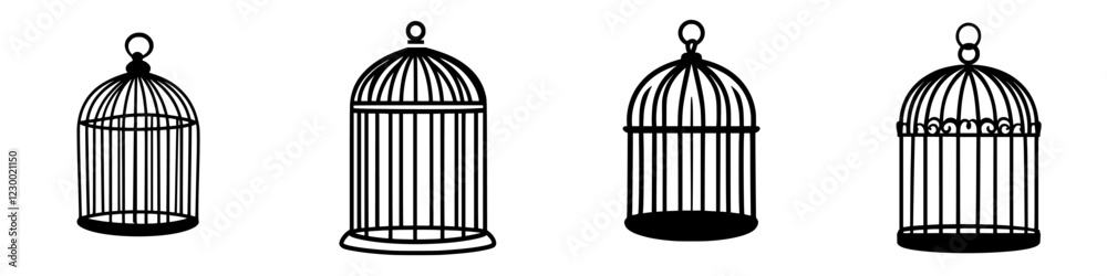 Poster exploring various styles of birdcages in a futuristic vfx context with holographic elements and hud 