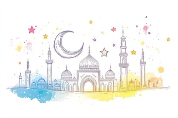 Colorful Islamic Mosque Line Art with Crescent Moon and Stars