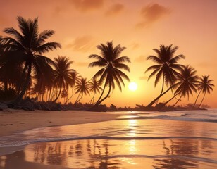 Obraz premium Sunny beach at dawn with palm trees silhouetted against a warm orange sky, film filter, ocean, sunrise