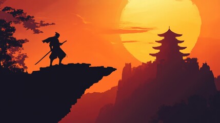 Lone Samurai Silhouette at Sunset Overlooking Japanese Temple