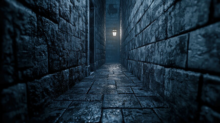 Dimly Lit Dark Alleyway in an Old City with Vintage Lantern Lighting the Path