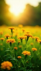 Obraz premium Sunlight filtering through bright yellow marigold flowers in a lush green field, golden hue, field, botanical