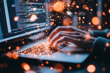 A programmer writing efficient code on a dual-monitor setup, with glowing lines of syntax reflecting technical proficiency