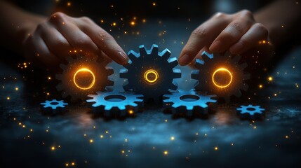 Fototapeta premium Hands Adjusting Gears with Glowing Elements in Dark Environment