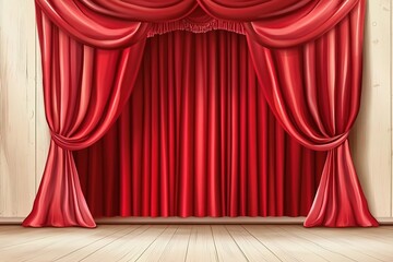 Fototapeta premium Elegant Red Stage Curtains Draped on a Wooden Wall