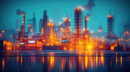 Industrial Cityscape at Night with Glowing Reflections and Smoke