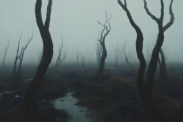 Naklejka premium Foggy swamp, twisted trees, eerie landscape, mystery mood, art