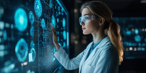 Naklejka premium Innovative scientist conducts research in high-tech laboratory futuristic environment data analysis immersive technology viewpoint