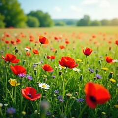 Fototapeta premium A colorful meadow filled with wild red poppies and other spring wildflowers, nature, colorful meadow