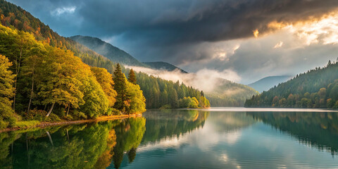 Obraz premium A beautiful mountain lake with a reflection of the mountains in the water