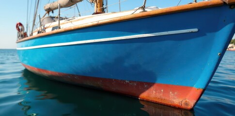 Obraz premium Striped blue sailboat hull, high-detail antifouling application , watercraft, stripes