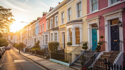 Charming Portobello Road Houses with Bokeh, London, UK - Stock Photo