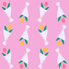 Seamless pattern with tulips in wrapping paper. Bouquets for Women`s day and Mother`s day. Modern isolated vector illustration.