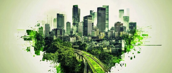 Urban landscape blending greenery, vibrant city skyline with lush plants, highlights sustainability and modern living.