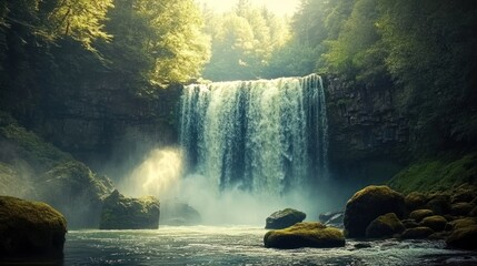 Sunlit Waterfall in Lush Forest, Tranquil Scene, Nature Background, Tourism