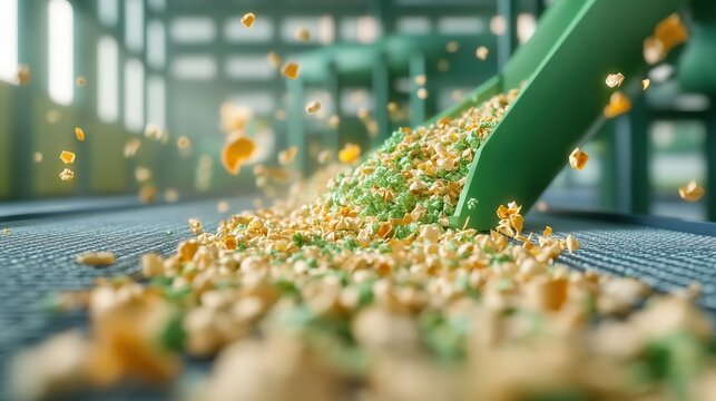 Futuristic recycling factory transforming materials, vibrant colors, minimal waste, innovation in circular economy, eco-conscious design