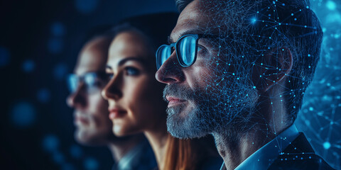 Innovation in artificial intelligence experts analyzing technological advancements digital workspace professional environment close-up perspective