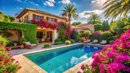 Sunny Mediterranean holiday house with a large pool surrounded by lush greenery and colorful flowers, villa