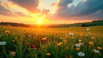 Naklejka premium A peaceful scene of a sun rising over a serene meadow, grass, calm, flowers