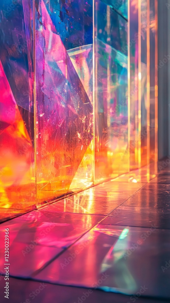 Poster Colors burst forth as light interacts with a glossy surface, showcasing a magnificent spectrum of hues that create mesmerizing patterns. The atmosphere feels energetic and alive