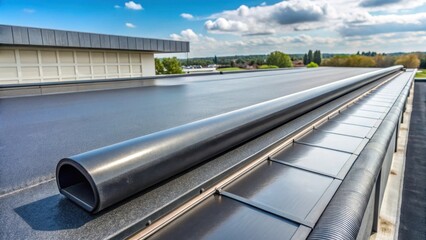 Obraz premium A modern roof with a roll of EPDM material stretched across it, partially covering a sleek metal gutter system, Industrial roofing, Building exterior