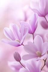 Fototapeta premium Beautiful soft pink magnolia flowers in full bloom, captured in a delicate and dreamy close-up with a blurred pastel background.