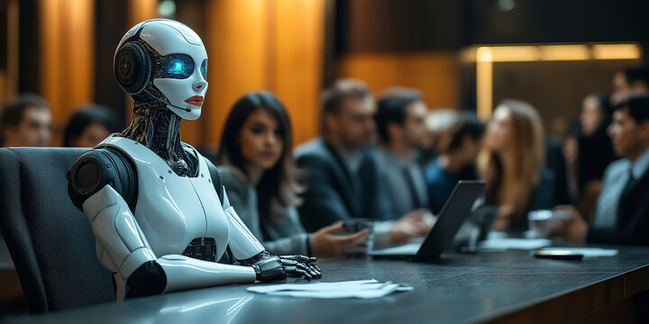 Robotic artificial intelligence discussion modern conference room digital media presentation futuristic environment professional perspective