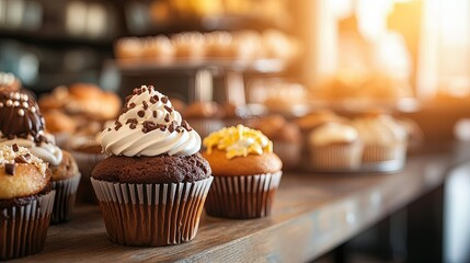 Home Bakery Delights, a cozy kitchen scene filled with assorted baked treats, cupcakes adorned with colorful icing, a creative baking atmosphere.