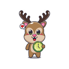 deer mascot cartoon character vector illustration with clock.