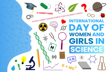 International Day of Women and Girls in Science vector art. A female face silhouette next to a white area filled with colorful scientific symbols.