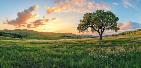 Fototapeta premium A heart-shaped tree stands in the center of an open field, surrounded by lush green grass
