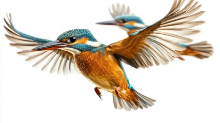 Naklejka premium Colorful Kingfisher Bird in Flight Against White Background