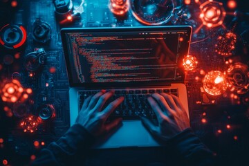A software developer coding on a laptop, with lines of code on the screen pertaining to a new app feature, surrounded by modern tech tools