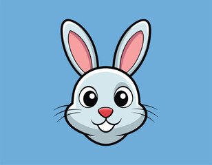 cute cartoon bunny face with big eyes and pink ears on a blue background, perfect for children's illustrations, easter designs, or animal-themed projects.