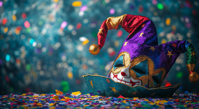 Carnevale. Cappello da giullare con bokeh. Spazio per messaggio.